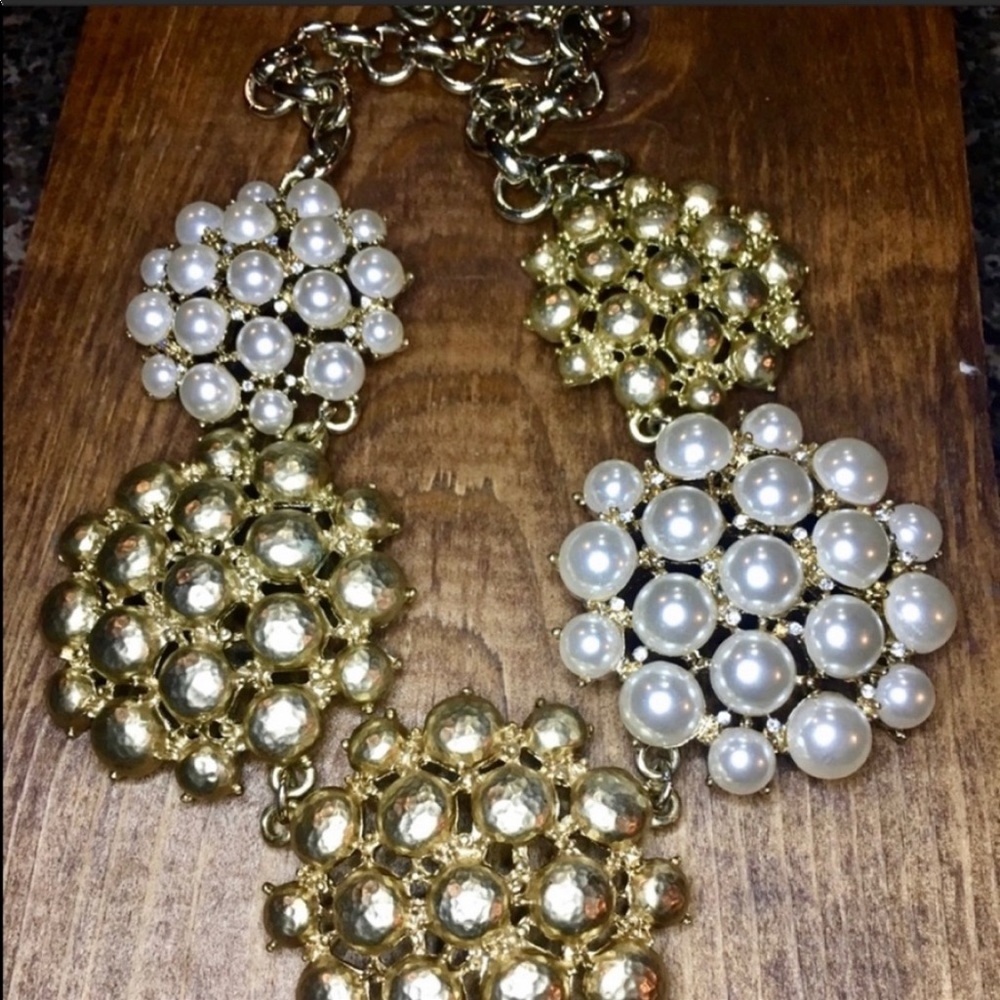 Gold Pearl & Crystal Medallion Statement Necklace